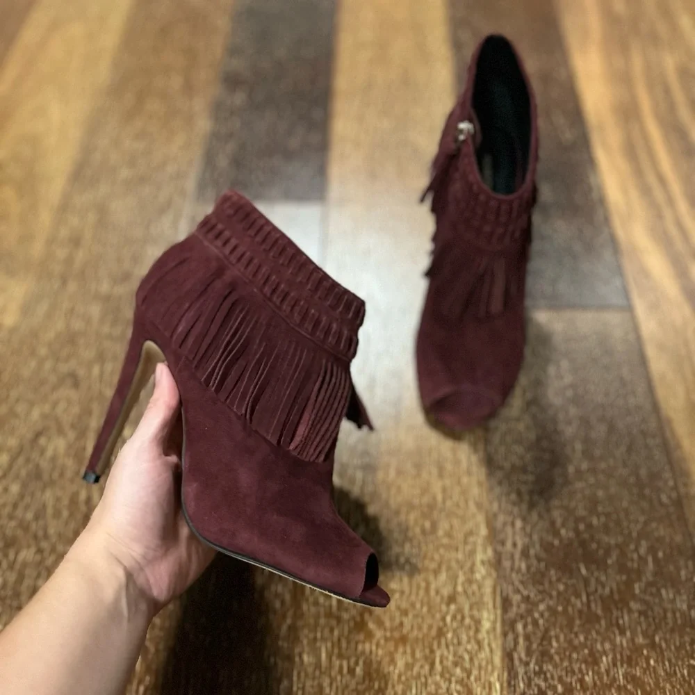 Rebecca Minkoff Suede Fringe Open Toe Booties - Picture 2 of 8